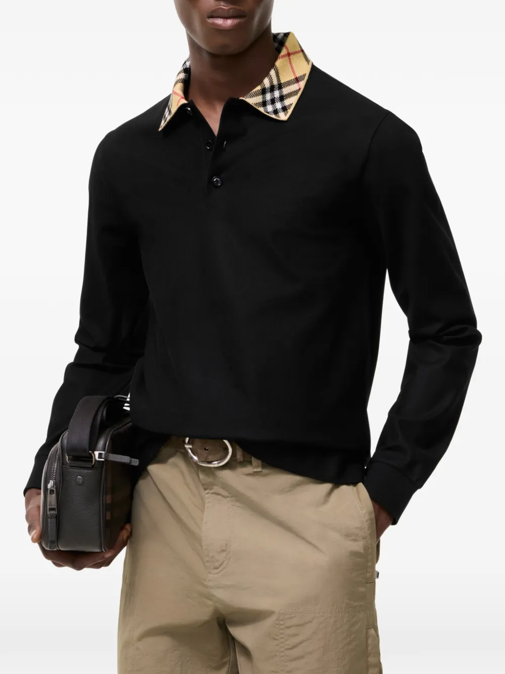 Burberry Katoenen poloshirt met lange mouwen en geruite kraag Zwart