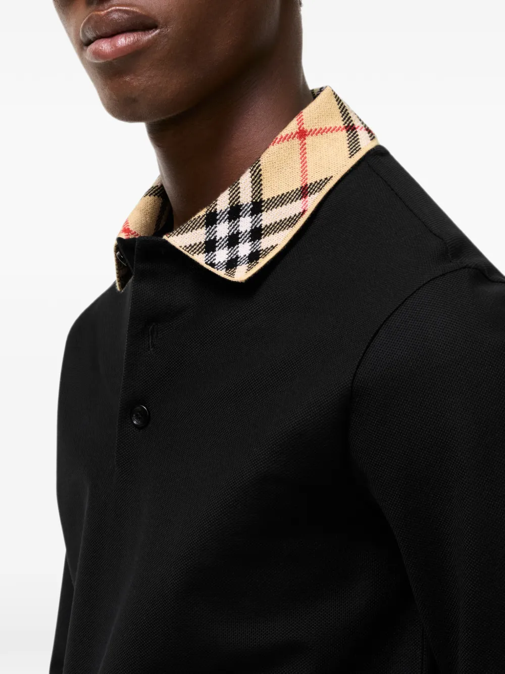Burberry Katoenen poloshirt met lange mouwen en geruite kraag Zwart
