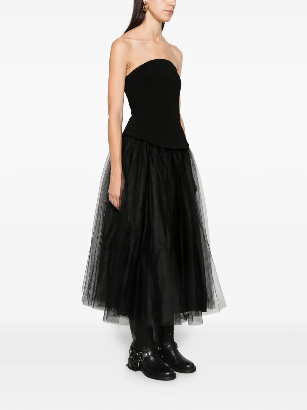 Maje Strapless midi-jurk met tulen rok Zwart