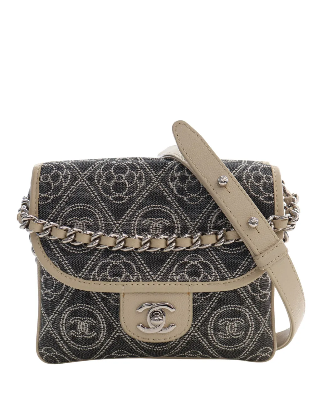 CHANEL Pre-Owned 2018 Camellia Printed Canvas Double Side Flap satchel - Grigio