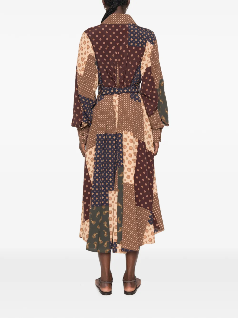 ZIMMERMANN Tuck midi-jurk met geometrisch patchwork Bruin