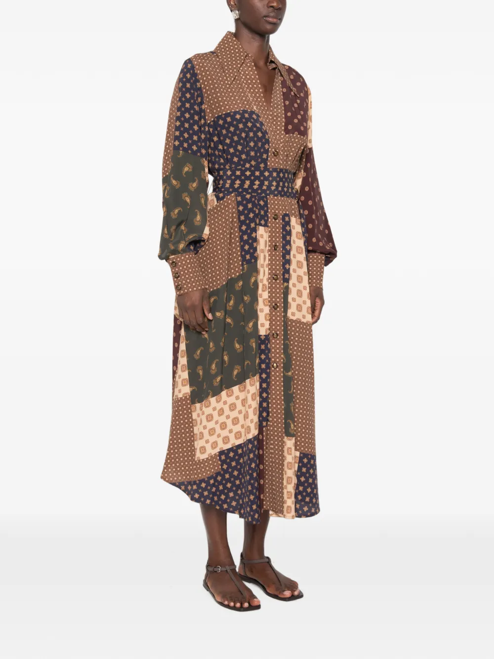ZIMMERMANN Tuck midi-jurk met geometrisch patchwork Bruin