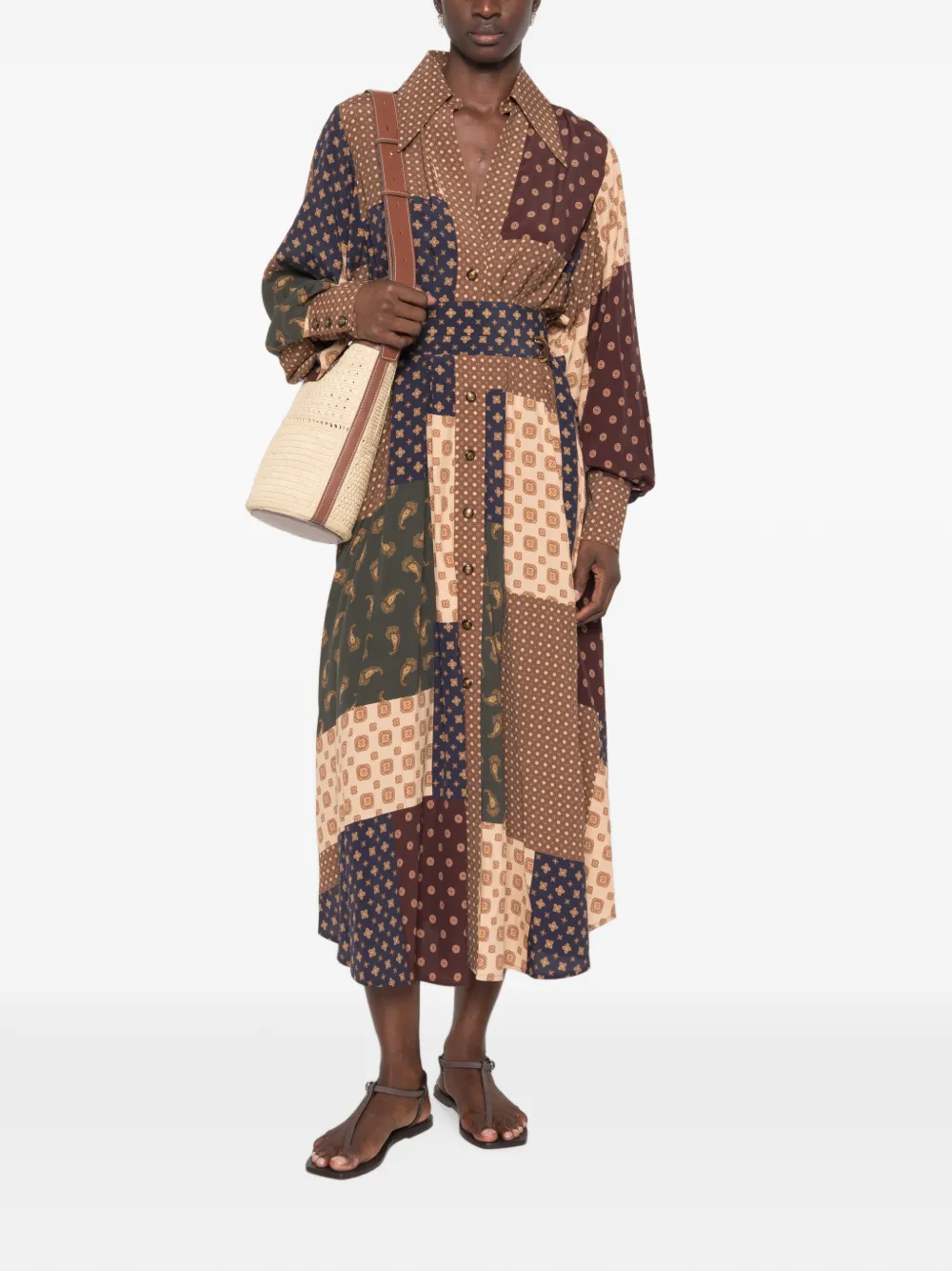 ZIMMERMANN Tuck midi-jurk met geometrisch patchwork Bruin