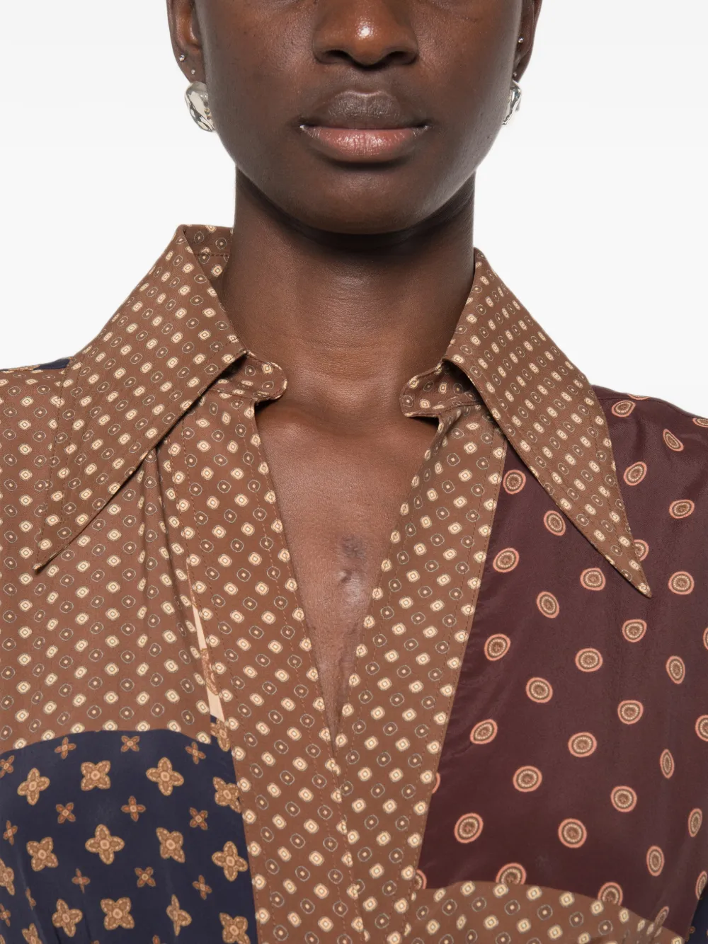 ZIMMERMANN Tuck midi-jurk met geometrisch patchwork Bruin