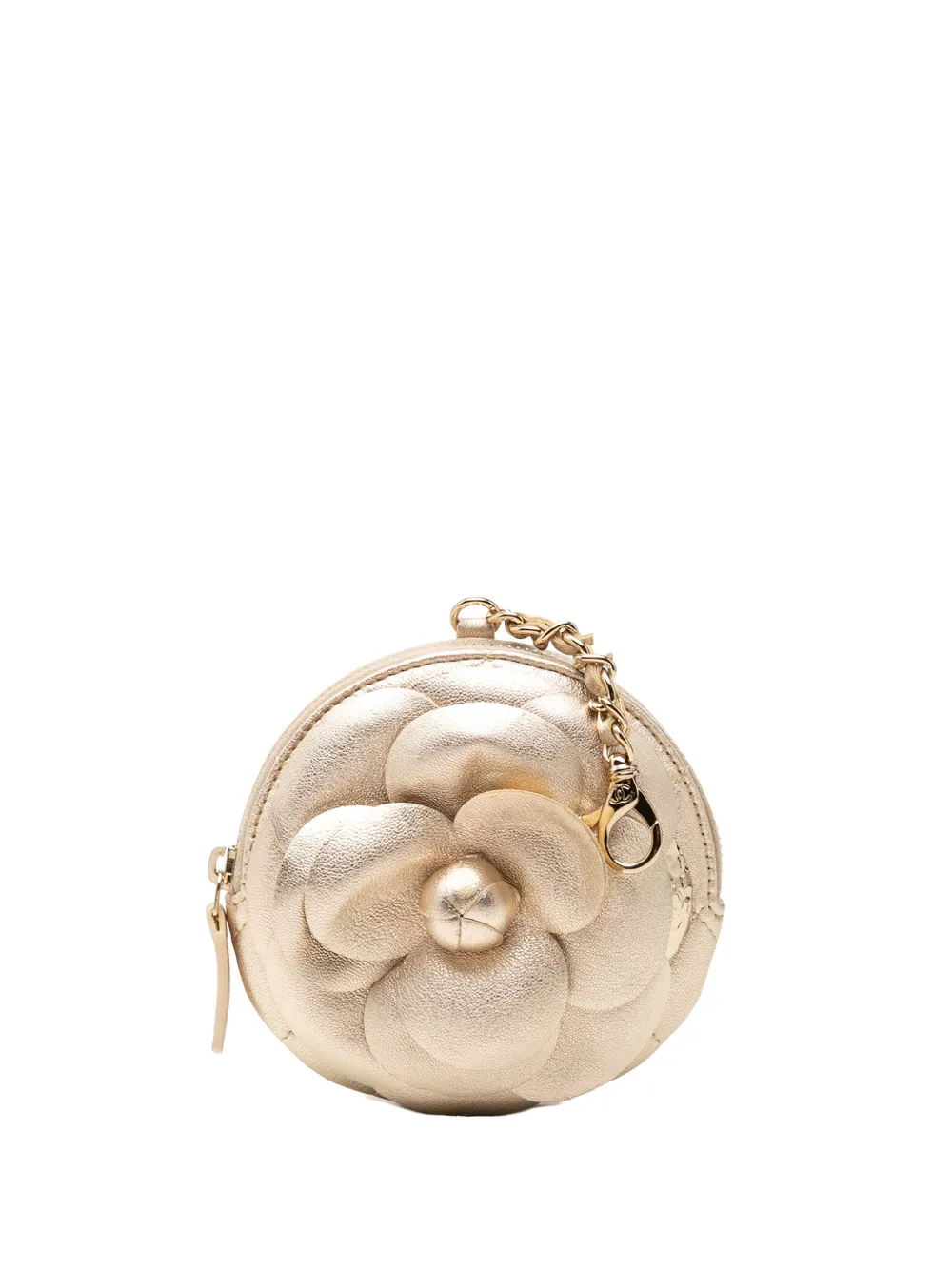 CHANEL Pre-Owned 2021 Mini CC Metallic Lambskin Camellia Bouquet Round Zip coin pouch - Oro