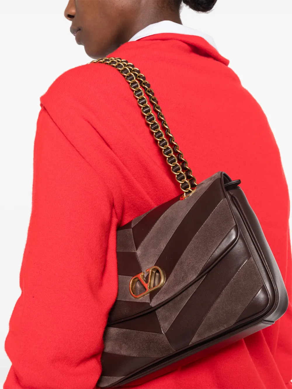 Valentino Garavani Djuna medium suède en nappa tas met chevron patroon Bruin