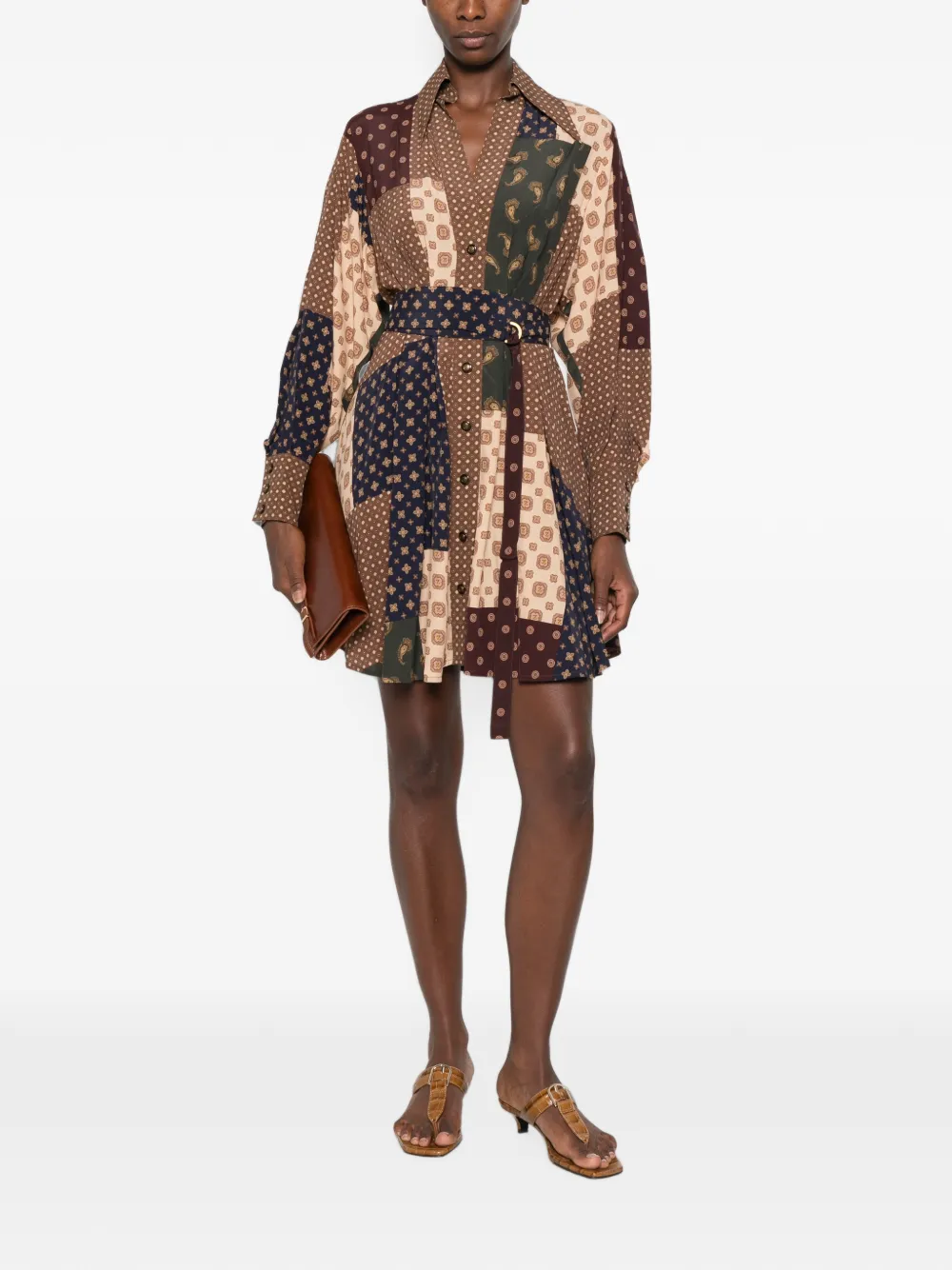ZIMMERMANN Tuck mini-jurk met patchwork en ceintuur Bruin