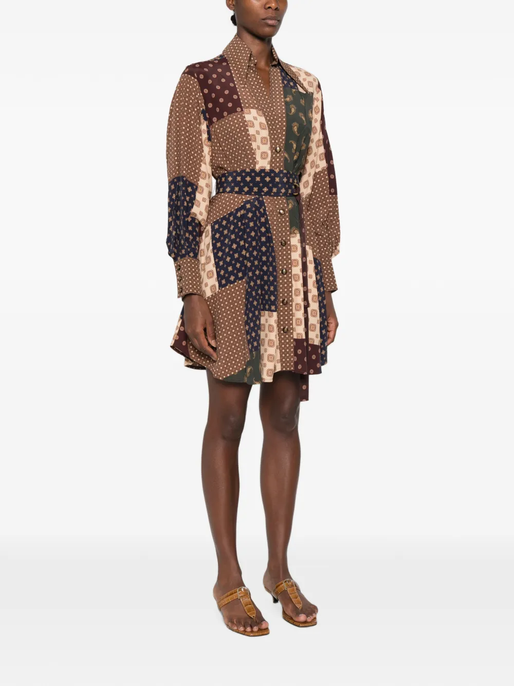 ZIMMERMANN Tuck mini-jurk met patchwork en ceintuur Bruin