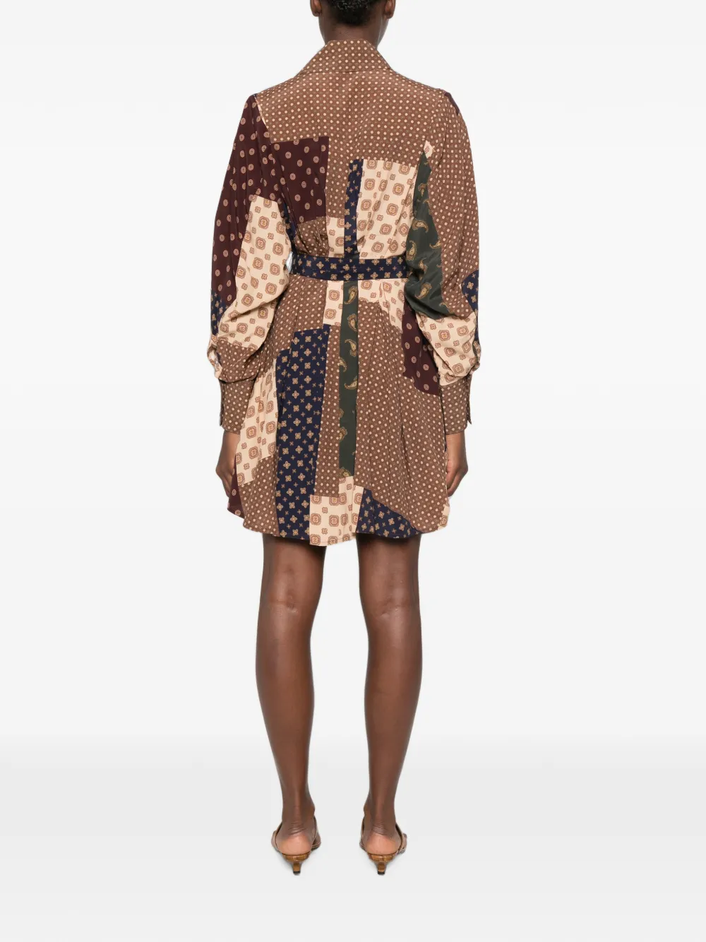 ZIMMERMANN Tuck mini-jurk met patchwork en ceintuur Bruin