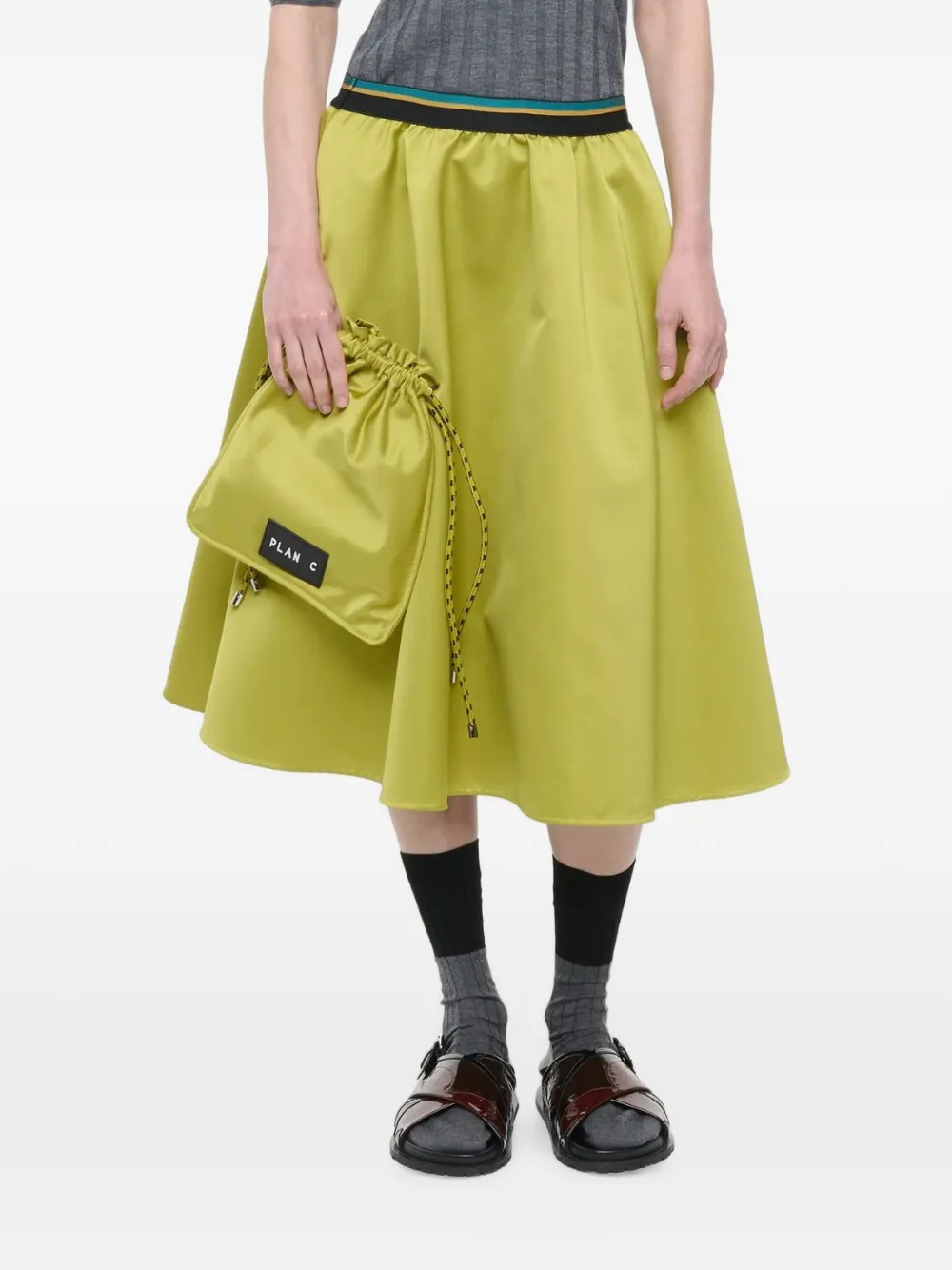 Plan C Citron Duchesse flared midi-rok met gestreepte tailleband Geel