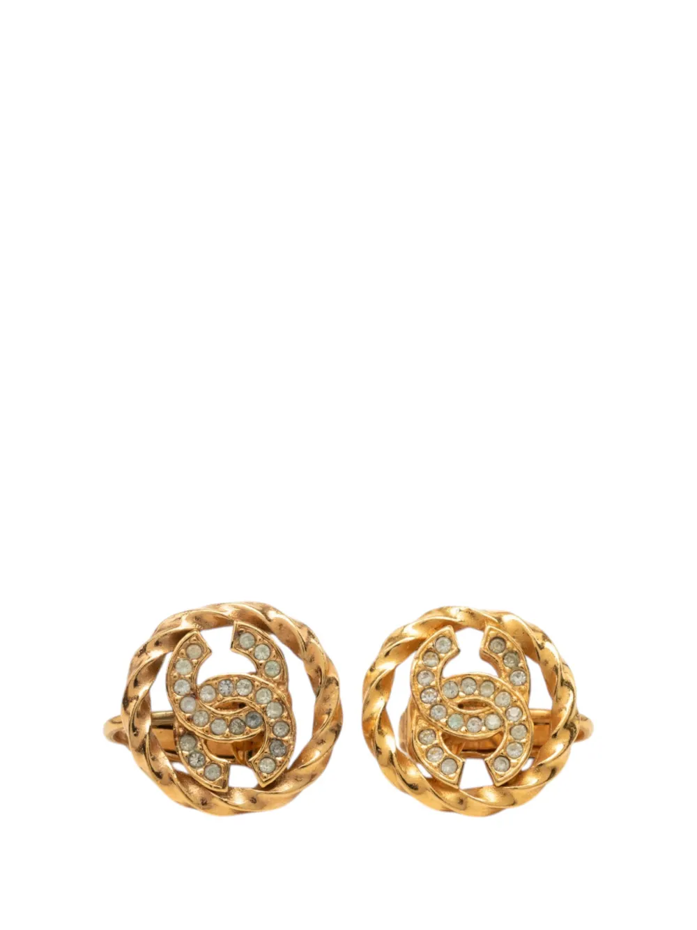 CHANEL Pre-Owned 1970-1980 CC Gold Plated Strass Round Rope Clip On Earrings costume earrings - Oro