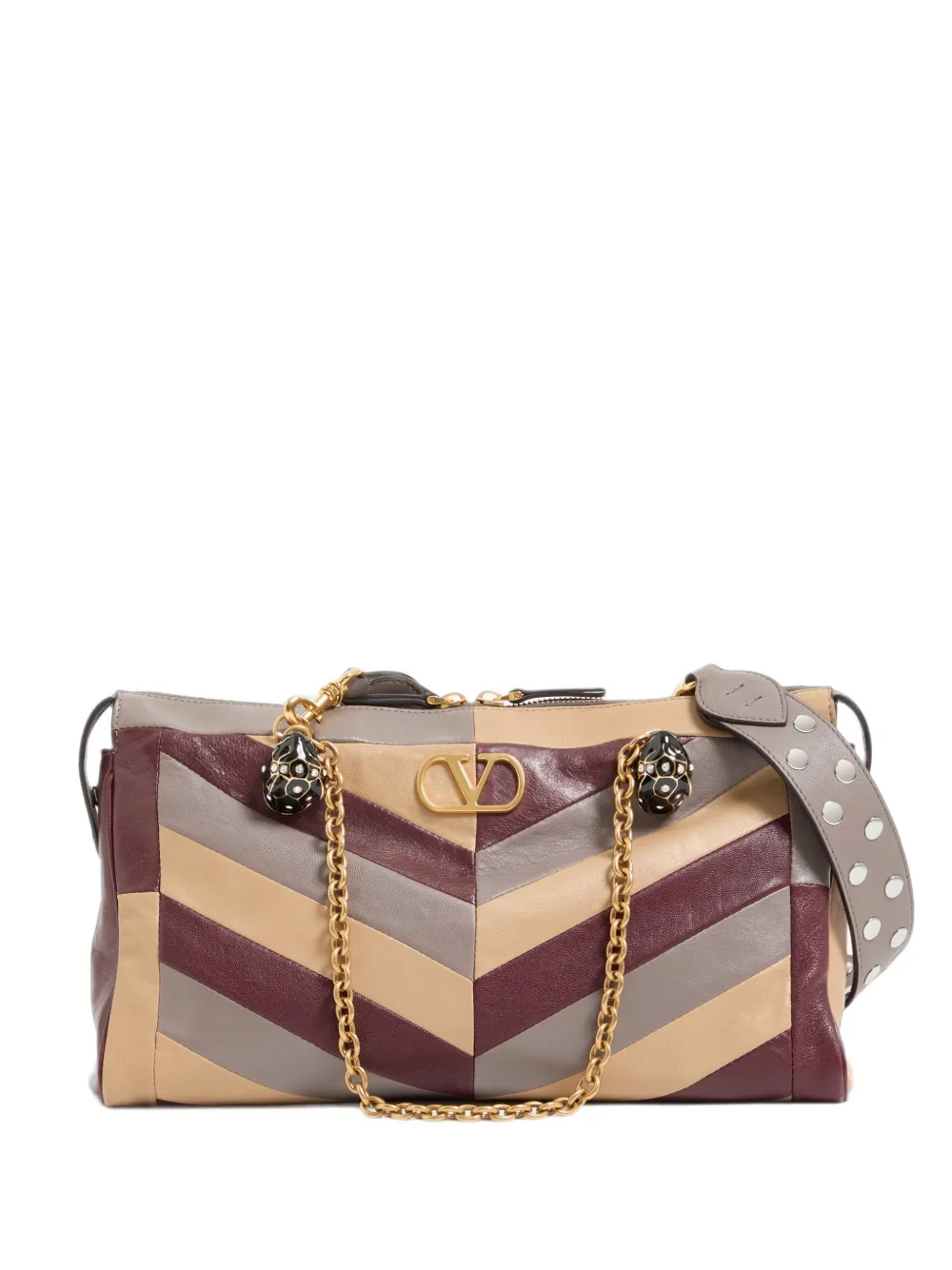 Valentino Garavani Panthea medium shoulder bag in ostrich and nappa leather with a chevron pattern - Neutrals