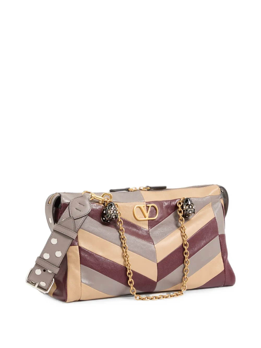 Valentino Garavani Panthea medium schoudertas van struisvogelleer en nappaleer met chevron patroon Beige