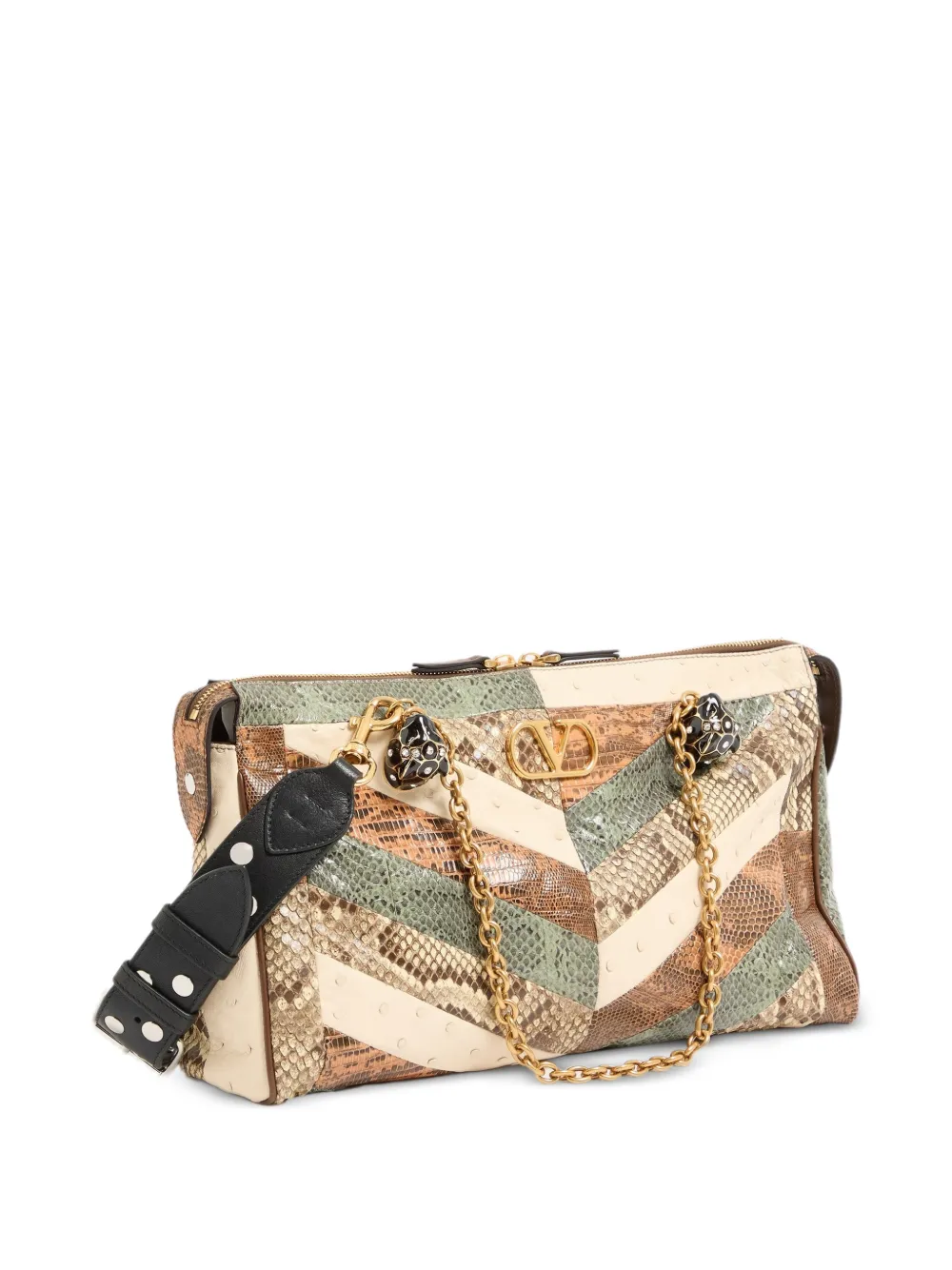 Valentino Garavani Medium Panthea leren schoudertas met chevron-patroon Beige