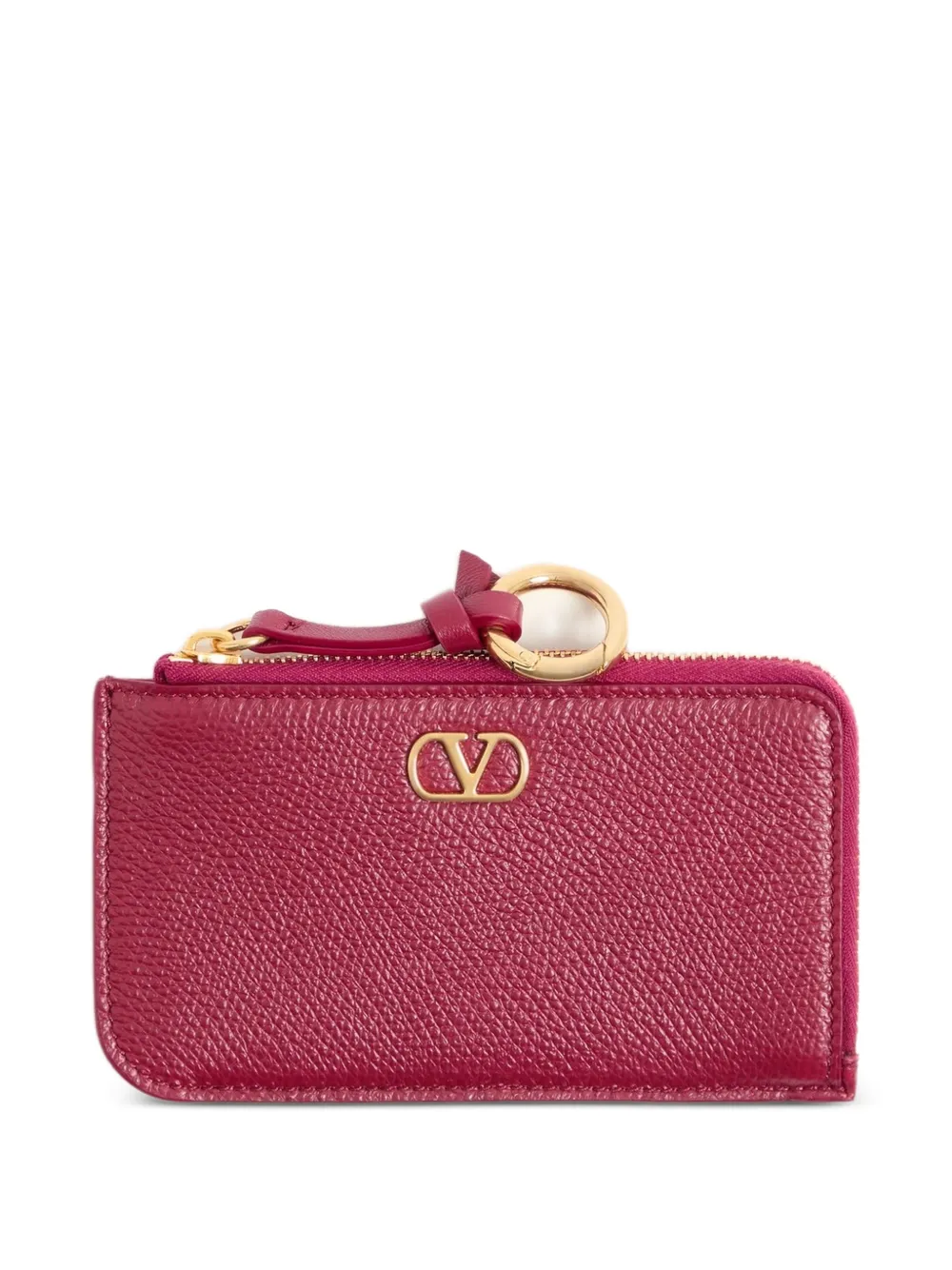 Valentino Garavani Portacarte VLogo in pelle di vitello granulosa con zip e ciondolo - Rosa