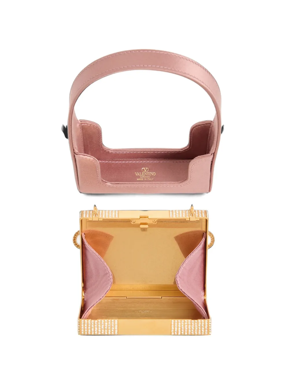 Valentino Garavani Minaumorphe Minaudière in metaal met Swarovski kristallen en satijnen hoes Goud