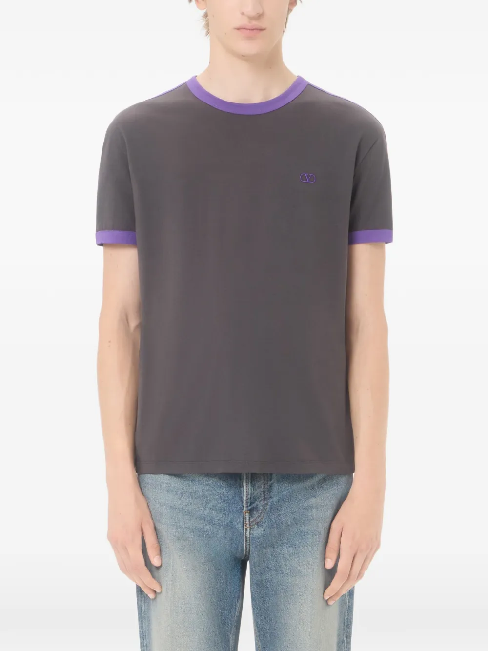 Valentino Garavani Katoenen T-shirt met ronde hals. contrasterende zijbanden en VLogo-borduurwerk Grijs