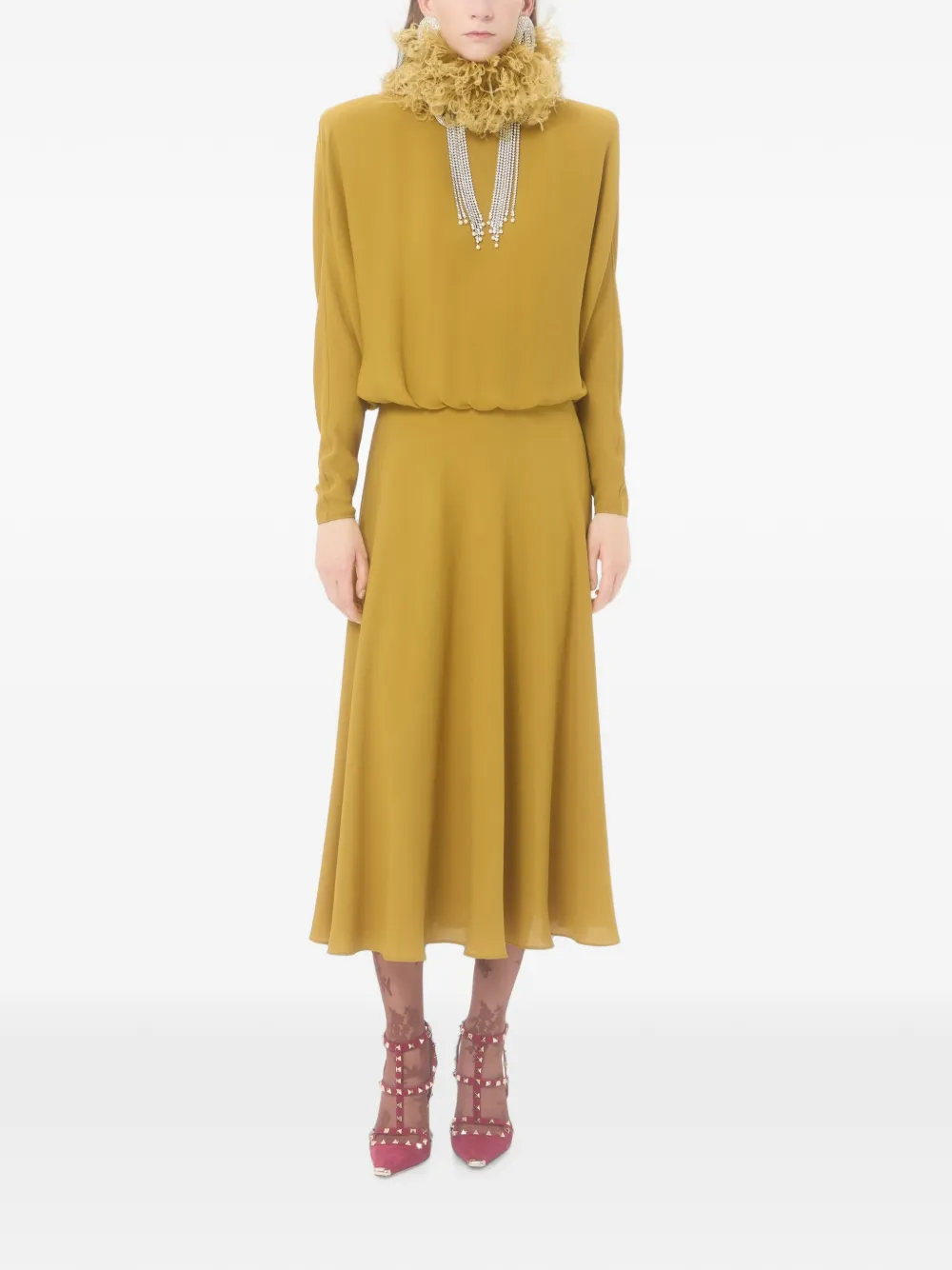 Valentino Garavani Georgette midi-jurk met veren Geel