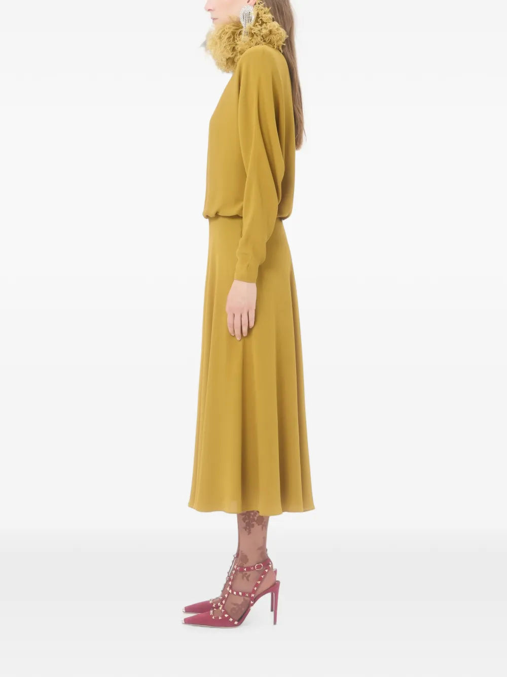 Valentino Garavani Georgette midi-jurk met veren Geel