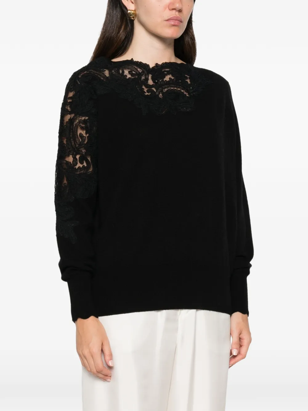 Ermanno Scervino lace-panelled cashmere sweater Zwart