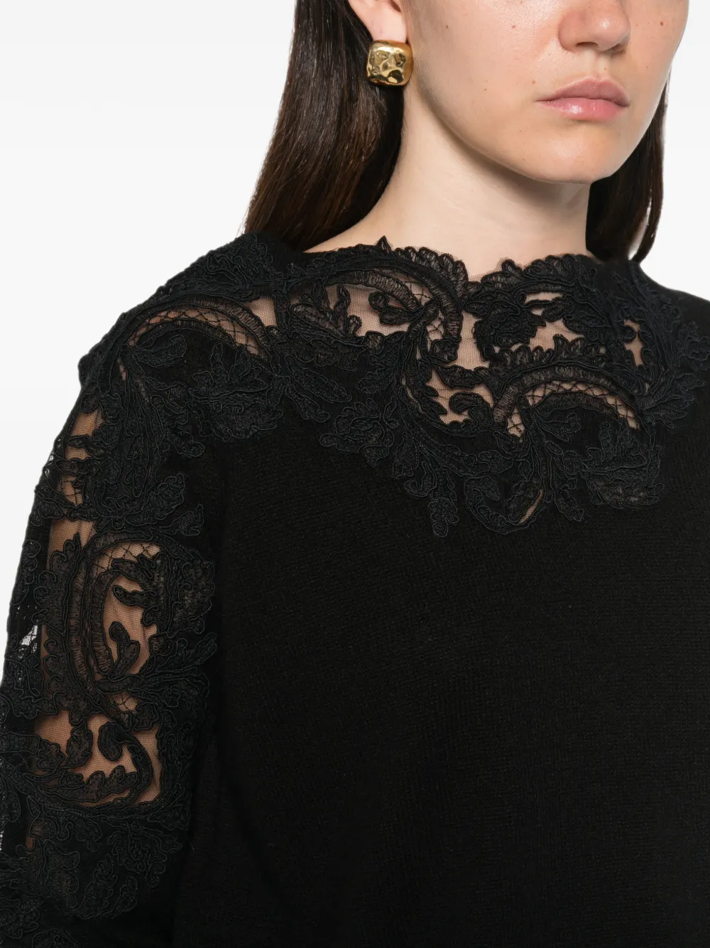 Ermanno Scervino lace-panelled cashmere sweater Zwart