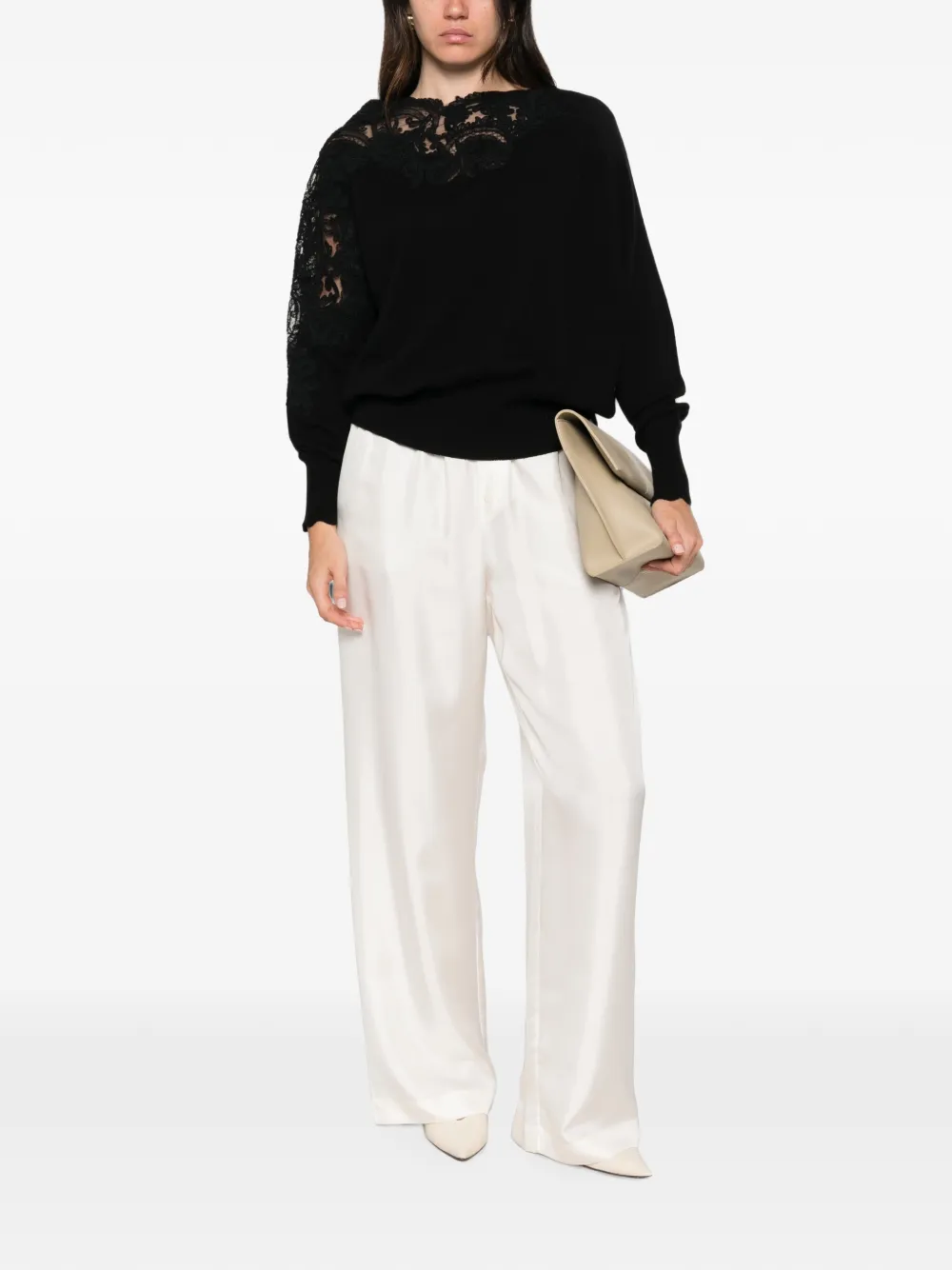 Ermanno Scervino lace-panelled cashmere sweater Zwart