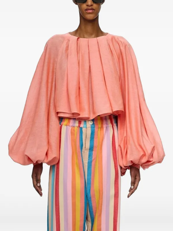 Marrakshi Life The Cropped Pleated-detail Balloon-sleeve Blouse in Orange