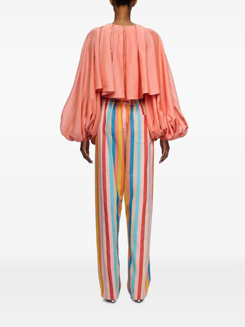 Marrakshi Life The Cropped Pleated-detail Balloon-sleeve Blouse in Orange, view 3