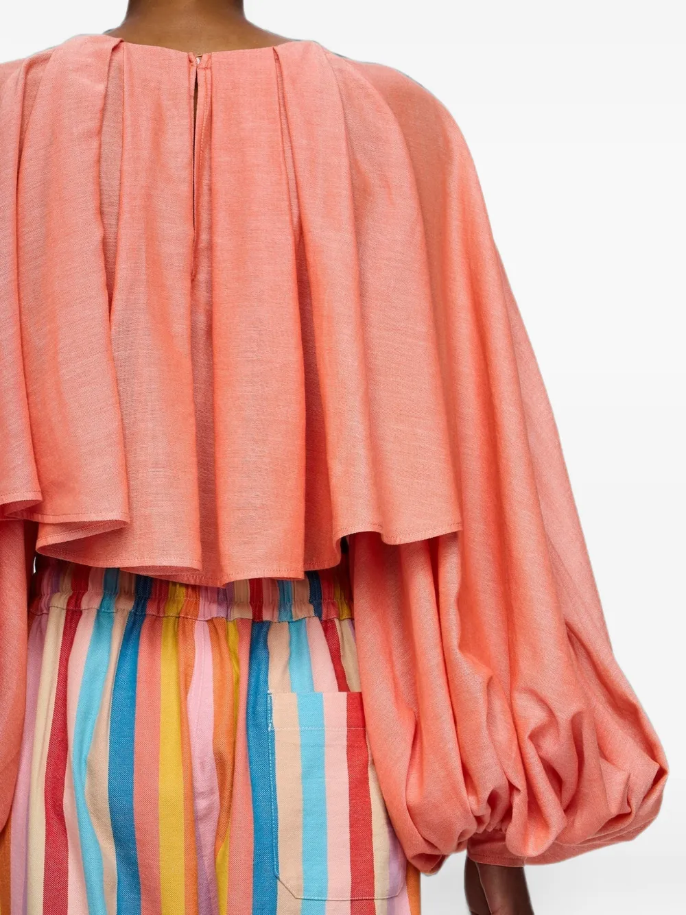 Marrakshi Life The Cropped Pleated-detail Balloon-sleeve Blouse in Orange, view 4