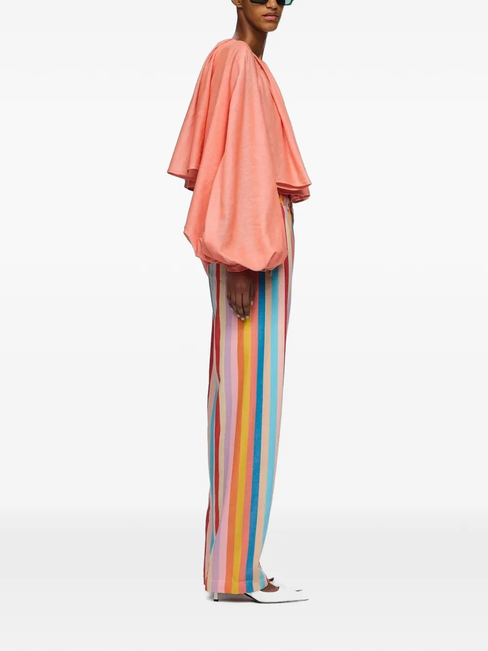 Marrakshi Life The Cropped Pleated-detail Balloon-sleeve Blouse in Orange, view 2