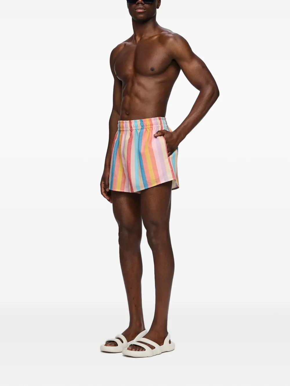 Marrakshi Life The High Waisted Striped Cotton Shorts in Pink, view 2