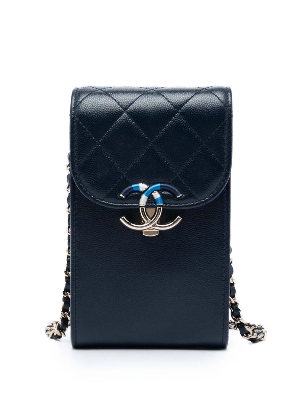 CHANEL Pre-Owned 2021 Caviar Thread Around Phone Holder with Chain crossbody bag - Blu