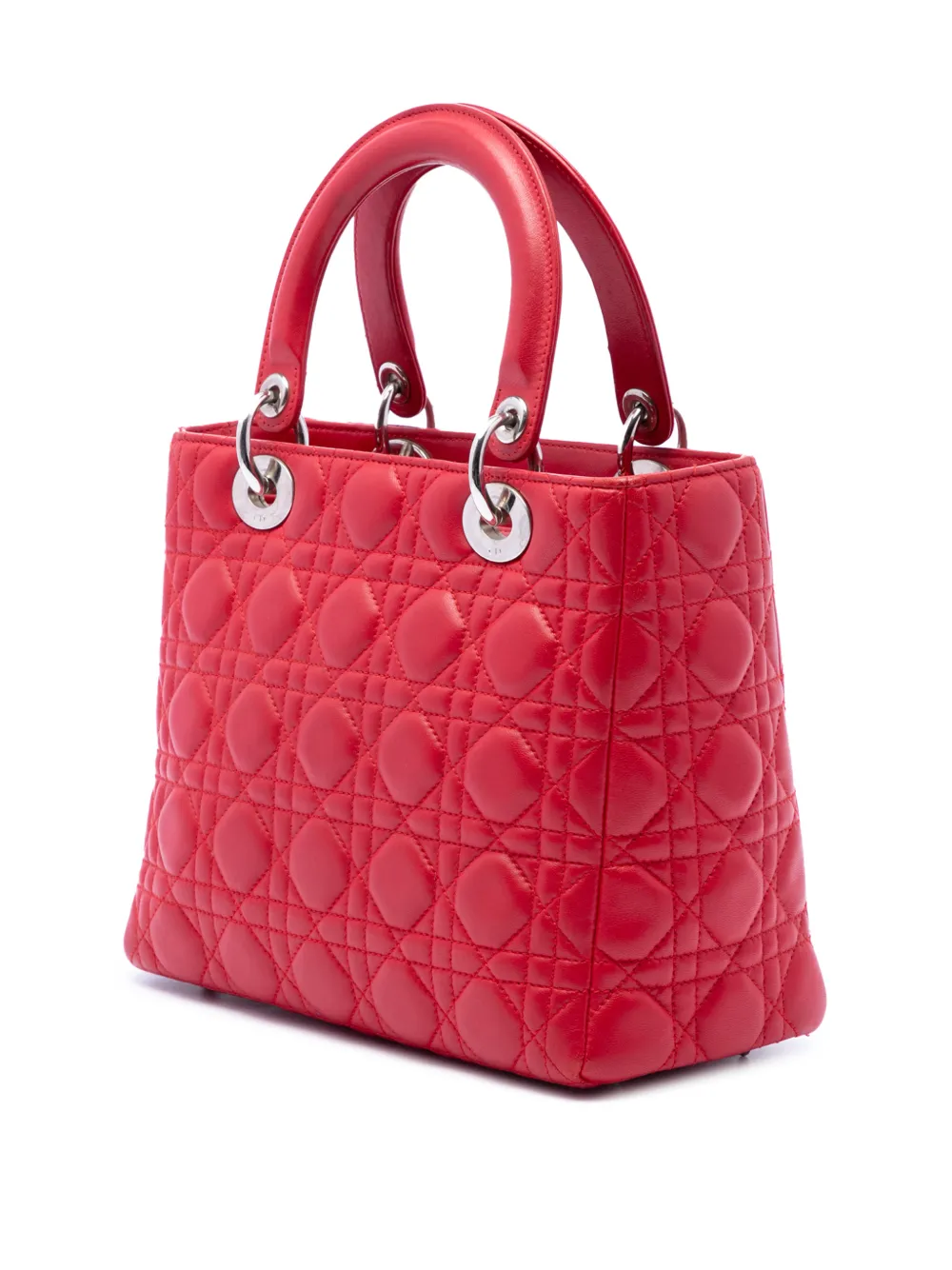 Dior Pre-owned 2009 Medium Lambskin Cannage Lady Dior Satchel in Red, view 3