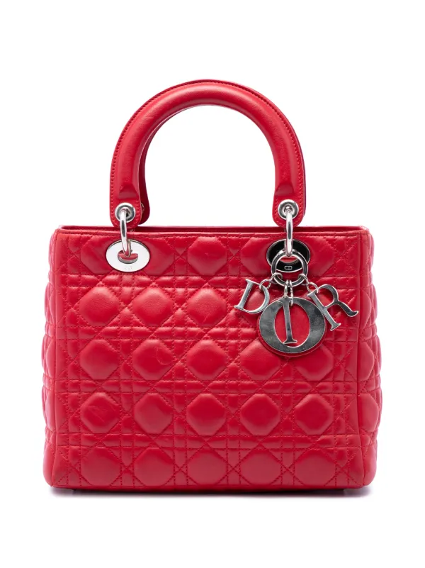 Dior Pre-owned 2009 Medium Lambskin Cannage Lady Dior Satchel in Red