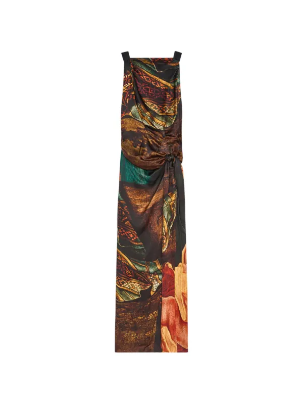 Dries Van Noten Long Draped Satin Dress in Brown