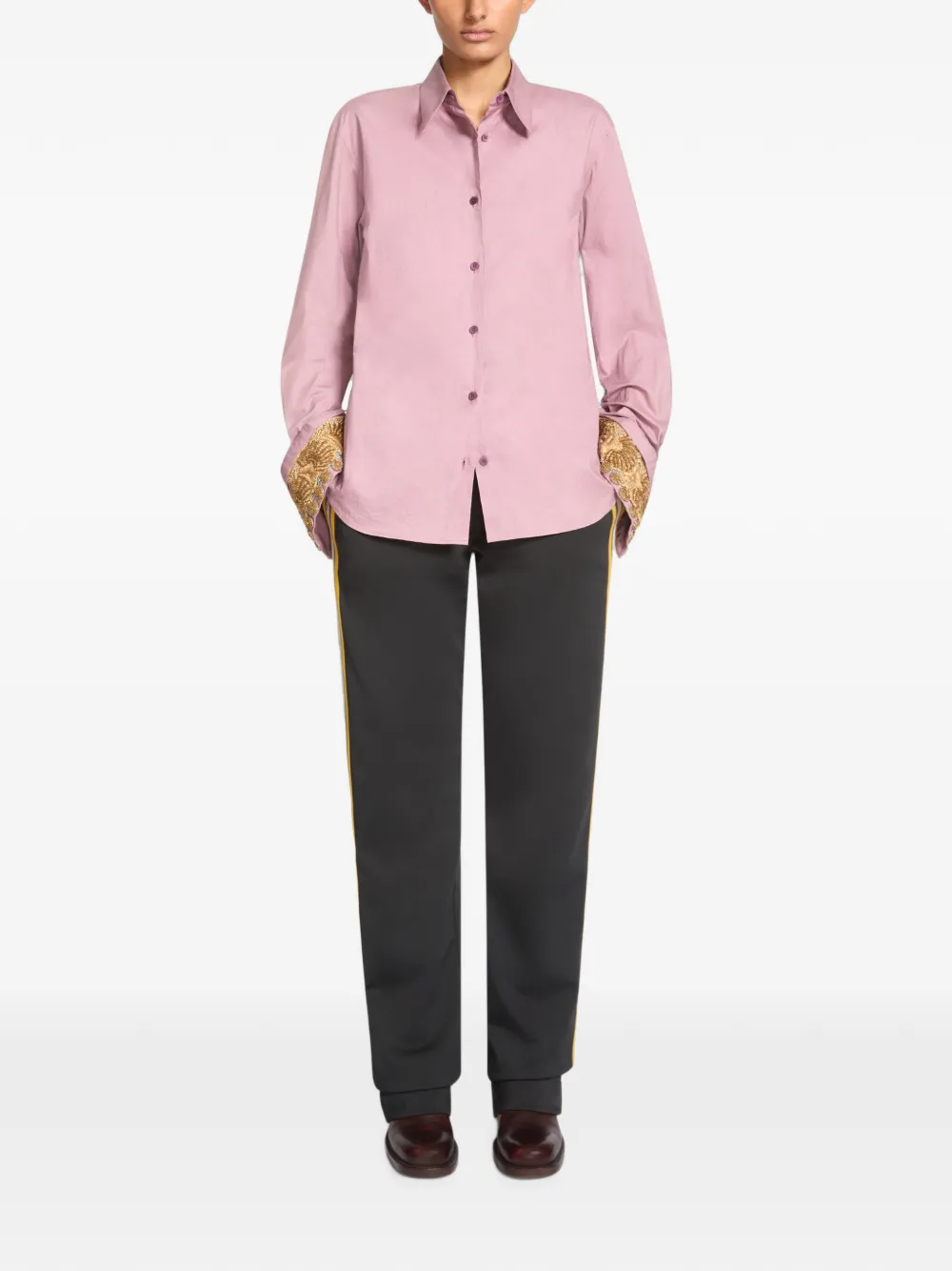 DRIES VAN NOTEN Embroidered Cotton Poplin Shirt in Pink, view 2