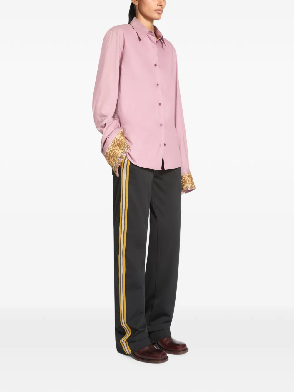 DRIES VAN NOTEN Embroidered Cotton Poplin Shirt in Pink, view 3