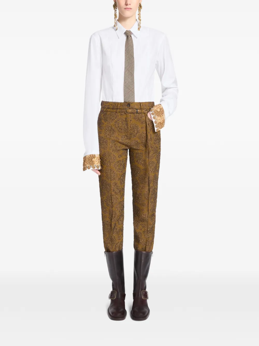 DRIES VAN NOTEN Slim-leg Jacquard Pants in Brown, view 2