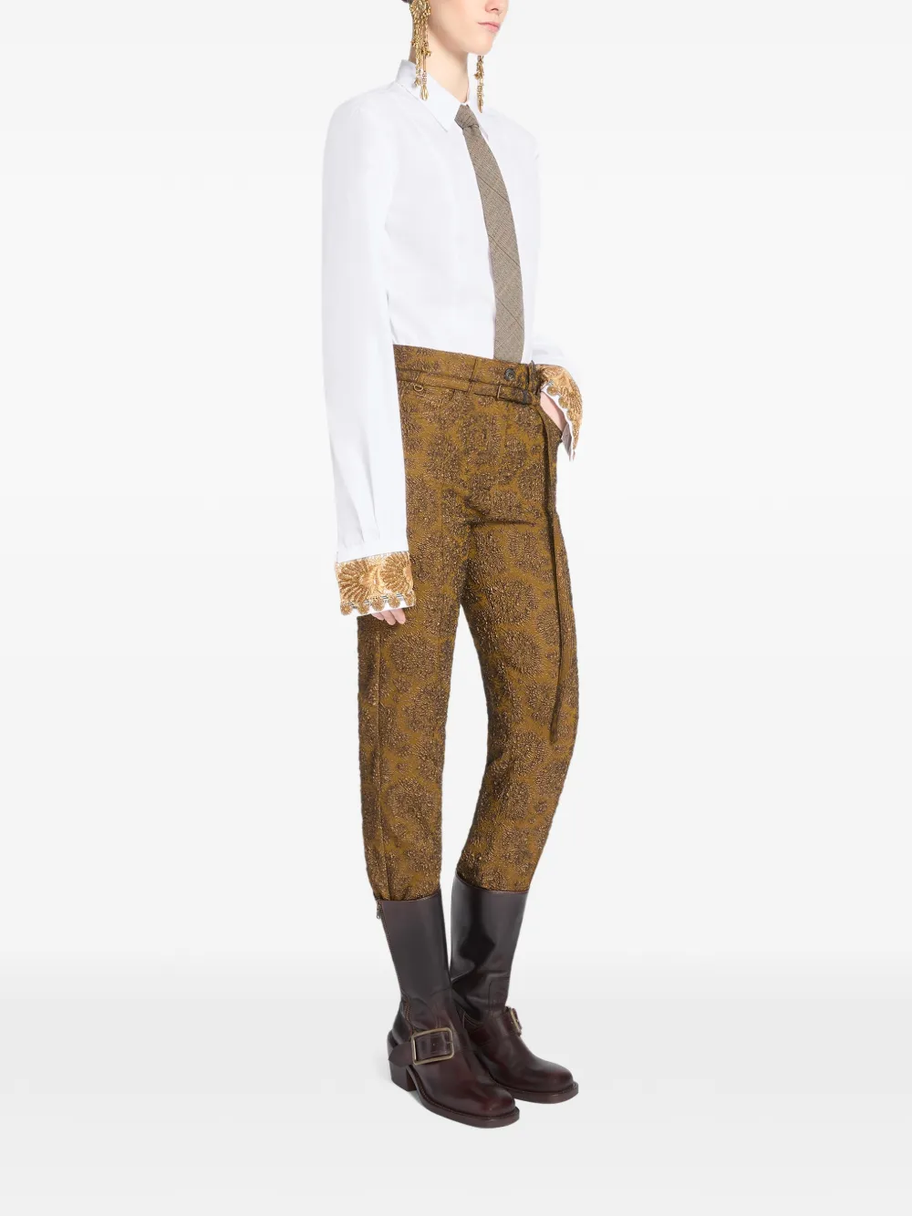 DRIES VAN NOTEN Slim-leg Jacquard Pants in Brown, view 3