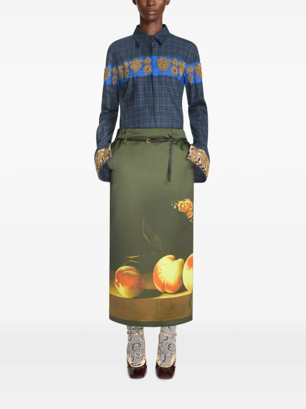 DRIES VAN NOTEN Long Printed Skirt in Green, view 2