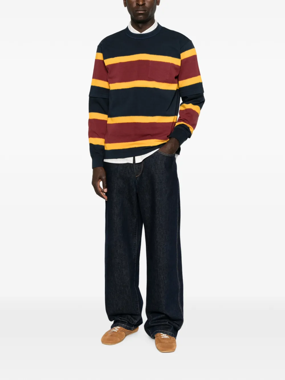 sacai Gestreepte gebreide trui met gelaagde mouwen Blauw