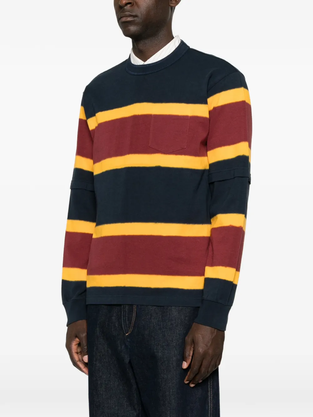 sacai Gestreepte gebreide trui met gelaagde mouwen Blauw