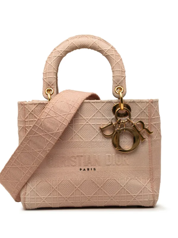 Dior Pre-owned 2020 Medium Embroidered Canvas Cannage Lady D Lite Satchel in Pink