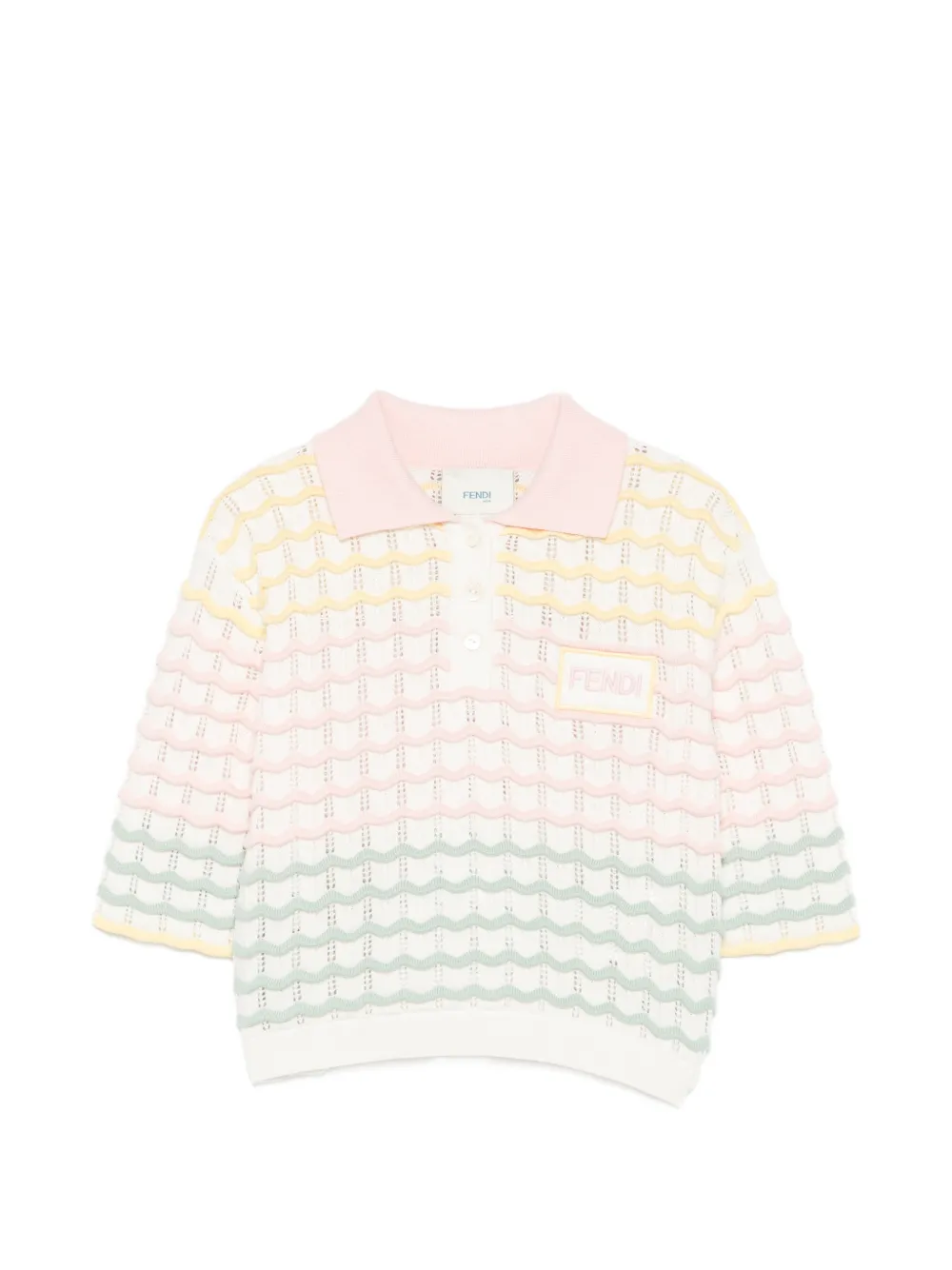 Fendi Kids wavy-knit logo-patch polo shirt - Bianco