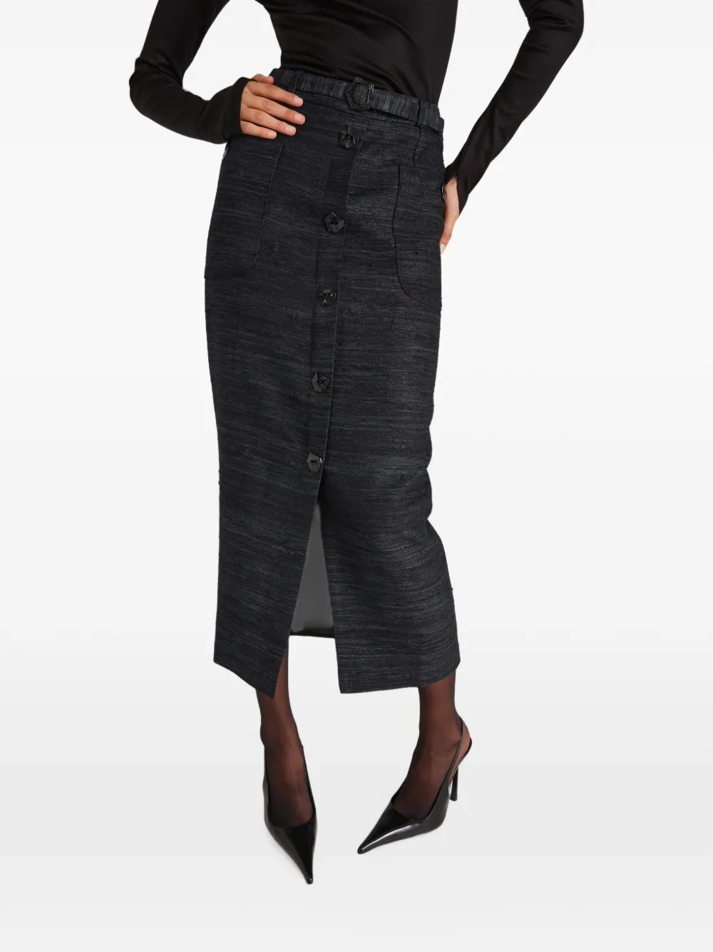 Violante Nessi Corot Belted Silk-tweed Midi Skirt in Black, view 5