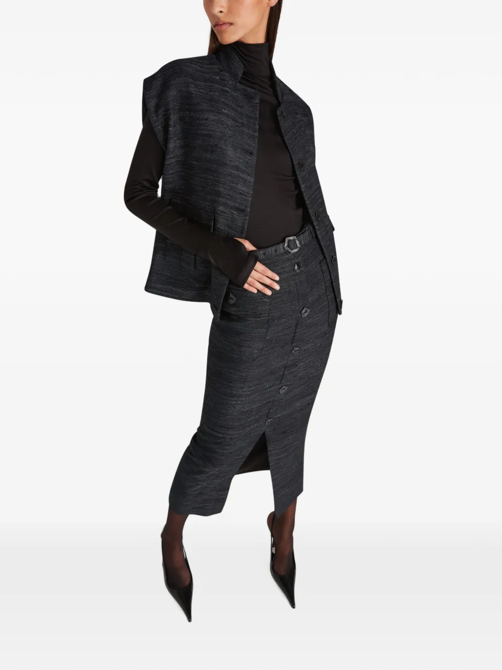 Violante Nessi Corot Belted Silk-tweed Midi Skirt in Black, view 2