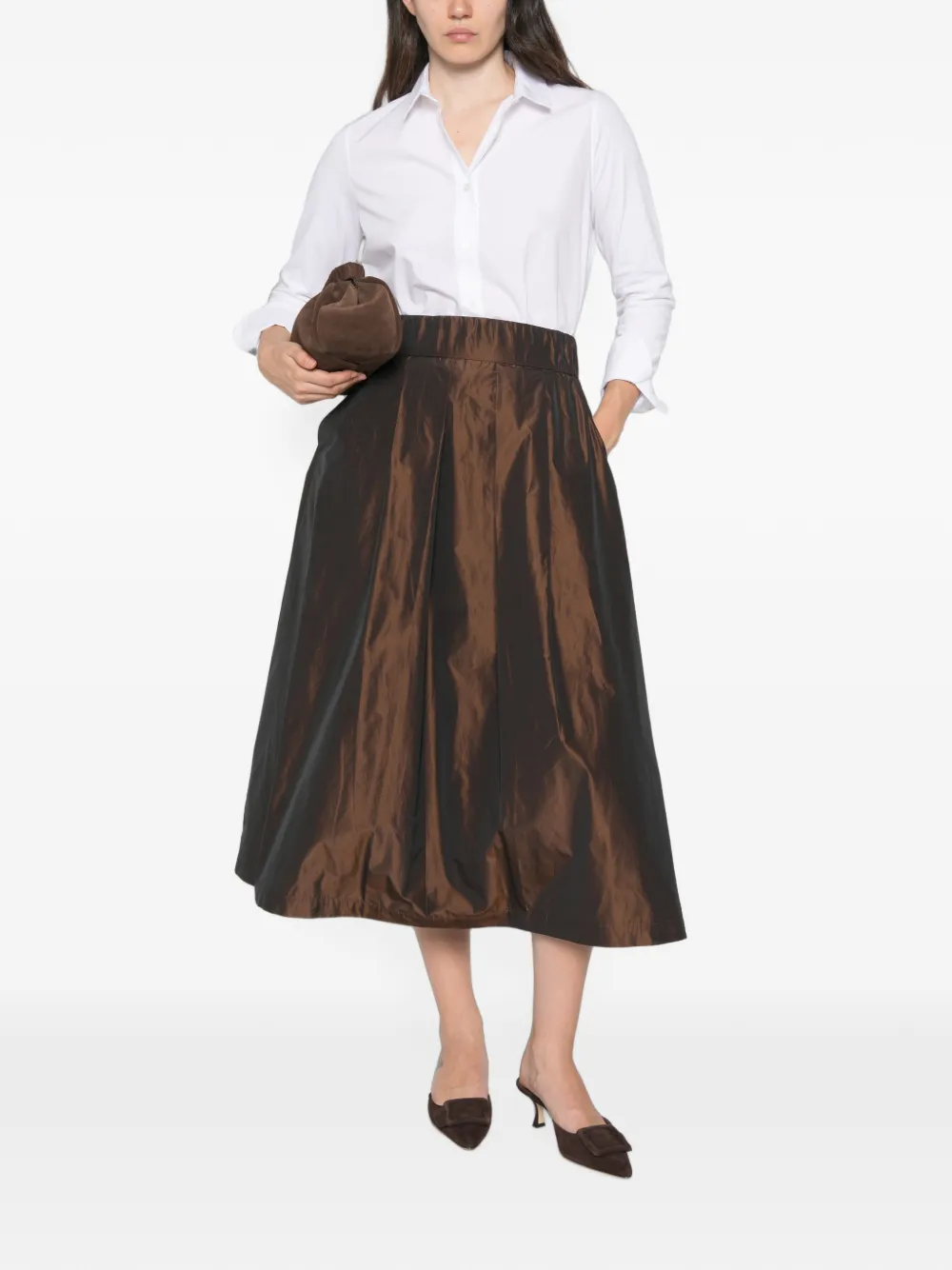 Why Ci Midi-rok met elastische tailleband Bruin