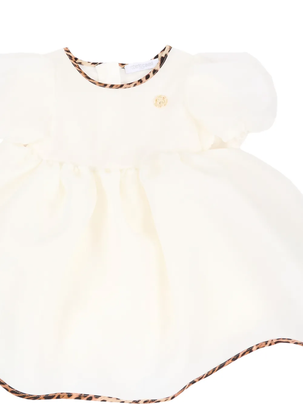 Roberto Cavalli Junior Jurk met luipaardafwerking en pofmouwen Beige