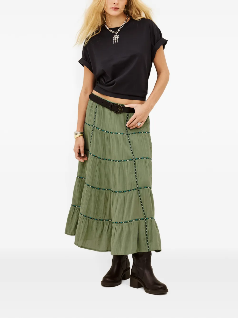 Ba&Sh Paloma gelaagde maxi-rok met geborduurde tailleband Groen