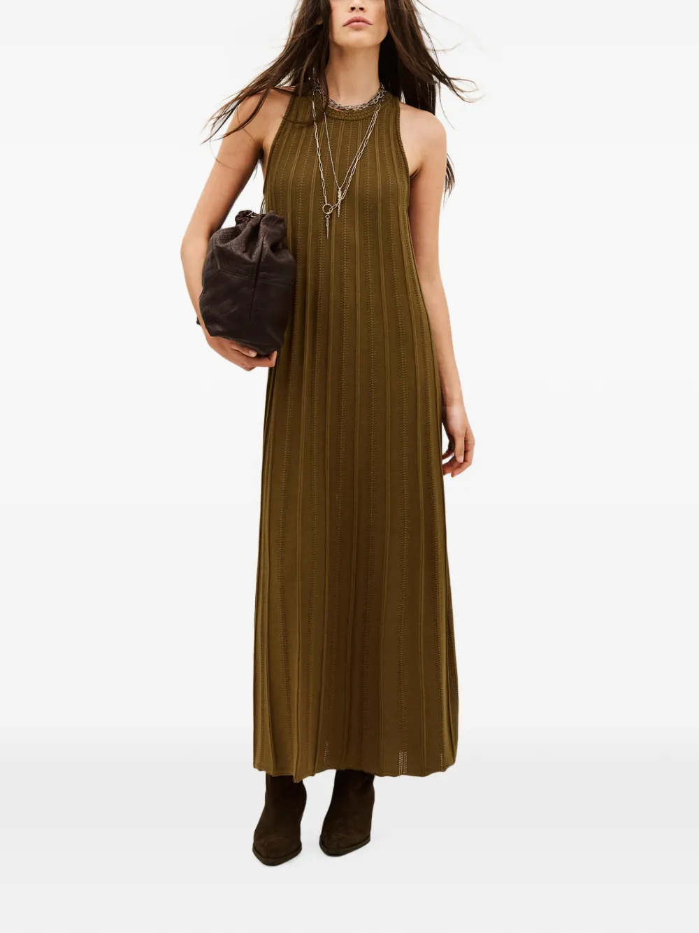 Ba&Sh Sinte ribgebreide flared maxi-dress met pointelle afwerking Bruin